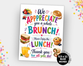 Cartello stampabile per il brunch di ringraziamento degli insegnanti, ideale per la sala professori o per ringraziare dipendenti, volontari, infermieri, personale scolastico e altro ancora!