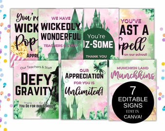 Wicked Teacher Appreciation Editable Sign Bundle Theme Ideas Weekly Theme Defy Gravity Sign Bundle Appreciation Week PTO PTA Theme Template