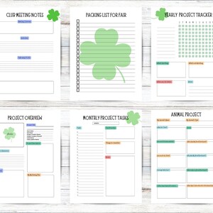 K&ouml;nnte beinhalten: Sechs druckbare Seiten mit einem gr&uuml;nen vierbl&auml;ttrigen Kleeblatt-Design. Die Seiten beinhalten Vorlagen f&uuml;r Club-Meeting-Notizen, Packliste f&uuml;r die Messe, j&auml;hrlichen Projekt-Tracker, Projekt&uuml;bersicht, monatliche Projektaufgaben und Tierprojekt.