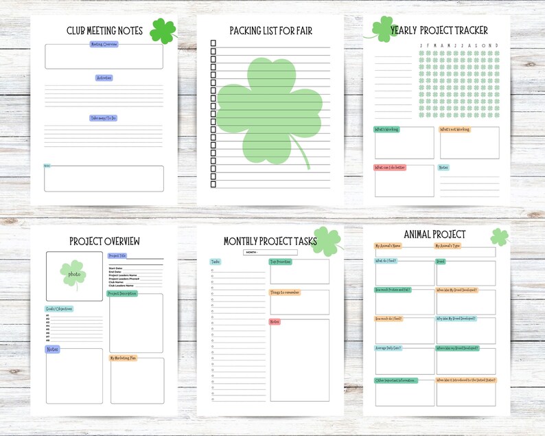 K&ouml;nnte beinhalten: Sechs druckbare Seiten mit einem gr&uuml;nen vierbl&auml;ttrigen Kleeblatt-Design. Die Seiten beinhalten Vorlagen f&uuml;r Club-Meeting-Notizen, Packliste f&uuml;r die Messe, j&auml;hrlichen Projekt-Tracker, Projekt&uuml;bersicht, monatliche Projektaufgaben und Tierprojekt.