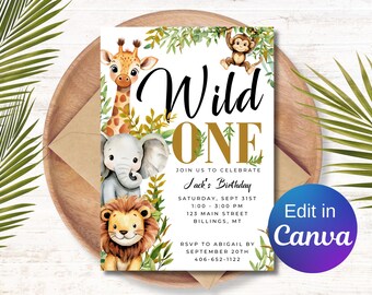 Invitación de cumpleaños de safari editable, invitación de primer cumpleaños de Wild One, invitación de jungla de Safari Wild One, plantilla de invitación de Wild One Boy