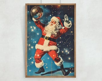 レトロなサンタのディスコボールクリスマスアートプリント（デジタル