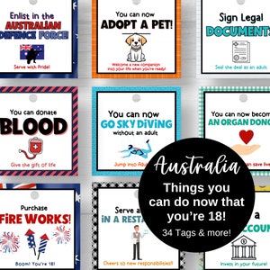 18th Birthday Australia Tag Set 18 Things You Can Do When You Are 18,  Turning 18 Things You Can Do Now You're 18th Birthday Party Ideas