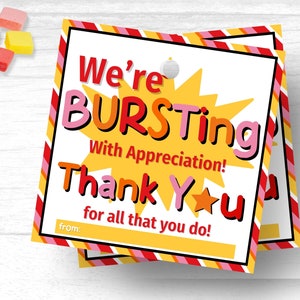 Étiquettes-cadeau Débordant d'appréciation Étiquettes de bonbon du personnel Étiquettes de bonbon du personnel Starburst Thème enseignant Étiquettes de bonbon Bonbons d'employé
