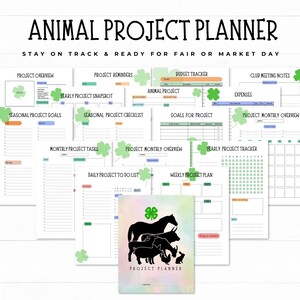 K&ouml;nnte beinhalten: Ein druckbarer Planer f&uuml;r Tierprojekte mit Abschnitten f&uuml;r Projekt&uuml;bersicht, Erinnerungen, Budgetverfolgung, Notizen zu Clubtreffen, saisonale Ziele, Checklisten, Aufgaben und einen Wochenplan. Der Planer verf&uuml;gt &uuml;ber ein gr&uuml;nes Kleeblatt-Design und eine Silhouette von Nutztieren.