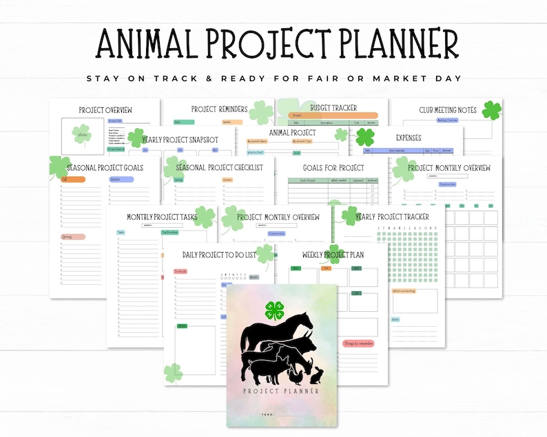 K&ouml;nnte beinhalten: Ein druckbarer Planer f&uuml;r Tierprojekte mit Abschnitten f&uuml;r Projekt&uuml;bersicht, Erinnerungen, Budgetverfolgung, Notizen zu Clubtreffen, saisonale Ziele, Checklisten, Aufgaben und einen Wochenplan. Der Planer verf&uuml;gt &uuml;ber ein gr&uuml;nes Kleeblatt-Design und eine Silhouette von Nutztieren.