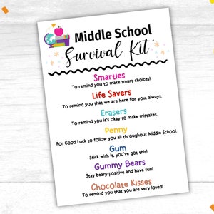 Mittelschule Survival Geschenkanhänger zum ausdrucken Erster Tag des Gymnasiums Survival Kit Mittelschule Leckerli Tags Geschenk 6.Klasse Survival Kit Tag