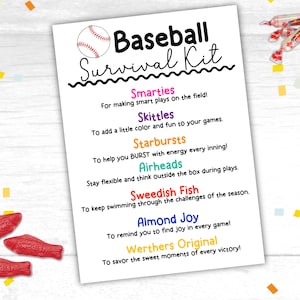 Baseball Survival Kit Geschenkanhänger zum ausdrucken Baseball Team Survival Kit Baseball Leckerlie Tags Baseball Gastgeschenk Tags Baseball Sommer Survival Tag