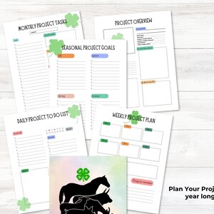 K&ouml;nnte beinhalten: Druckbare Planerseiten mit einem Kleeblatt-Design. Die Seiten beinhalten Abschnitte f&uuml;r monatliche Projektaufgaben, saisonale Projektziele, Projekt&uuml;bersicht, t&auml;gliche Projekt-To-Do-Liste und w&ouml;chentlichen Projektplan. Der Text "Planen Sie Ihr Projekt das ganze Jahr &uuml;ber!" befindet sich am unteren Rand der Seite.