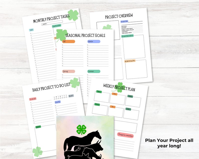 K&ouml;nnte beinhalten: Druckbare Planerseiten mit einem Kleeblatt-Design. Die Seiten beinhalten Abschnitte f&uuml;r monatliche Projektaufgaben, saisonale Projektziele, Projekt&uuml;bersicht, t&auml;gliche Projekt-To-Do-Liste und w&ouml;chentlichen Projektplan. Der Text "Planen Sie Ihr Projekt das ganze Jahr &uuml;ber!" befindet sich am unteren Rand der Seite.