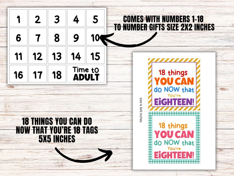 May include: A set of 18 printable tags for an 18th birthday party. The tags are 5x5 inches and feature the text "18 things you can do now that you're 18". The tags are designed with a yellow and orange striped pattern and a blue and green checkered pattern.
