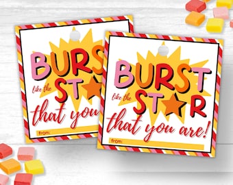 Printable Team Treats Candy Tags, Cheer Team Good Luck Tags, Dance Good Luck Tag, Gymnastics Good Luck Tags, Burst Like the Star Gift Tags