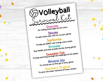 Könnte beinhalten: Eine druckbare Volleyball-Überlebenskit-Checkliste mit einer Volleyballgrafik und einer Liste von Süßigkeiten und Snacks mit Beschreibungen. Die Liste enthält Smarties, Skittles, Starbursts, Airheads, Swedish Fish, Almond Joy und Werthers Original.
