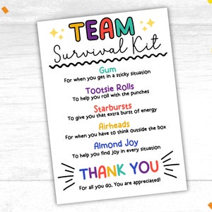 Kit de supervivencia del equipo Etiquetas de regalo Imprimibles Regalo de bienvenida para empleados Kit de supervivencia Regalo de bienvenida para voluntarios Regalo de bienvenida para el personal Regalos para miembros del equipo Equipo de recursos humanos