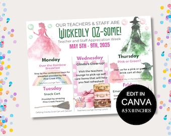 Wicked Teacher Appreciation Week Theme Ideas Editable Teacher Itinerary Defy Gravity Theme Kit Appreciation Week PTO PTA Theme Wicked Flyer