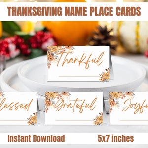 Tarjetas de lugar de Acción de Gracias imprimibles, Tarjetas de nombre de Acción de Gracias imprimibles, Marcadores de asiento de Acción de Gracias imprimibles, Tarjeta de nombre de mesa de descarga instantánea