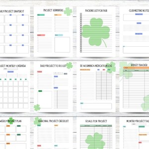 K&ouml;nnte beinhalten: Druckbare Planerseiten mit einem gr&uuml;nen Kleeblatt-Design. Die Seiten beinhalten Abschnitte f&uuml;r einen j&auml;hrlichen Projekt&uuml;berblick, Projekterinnerungen, eine Packliste f&uuml;r die Messe, Notizen f&uuml;r Clubtreffen, einen monatlichen Projekt&uuml;berblick, eine t&auml;gliche Projekt-To-Do-Liste, ein Entwurmungs- und Medikamentenprotokoll, einen Budget-Tracker, einen w&ouml;chentlichen Projektplan, eine saisonale Projekt-Checkliste, Ziele f&uuml;r das Projekt und monatliche Projektaufgaben.
