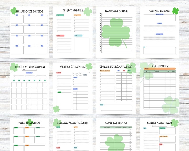 K&ouml;nnte beinhalten: Druckbare Planerseiten mit einem gr&uuml;nen Kleeblatt-Design. Die Seiten beinhalten Abschnitte f&uuml;r einen j&auml;hrlichen Projekt&uuml;berblick, Projekterinnerungen, eine Packliste f&uuml;r die Messe, Notizen f&uuml;r Clubtreffen, einen monatlichen Projekt&uuml;berblick, eine t&auml;gliche Projekt-To-Do-Liste, ein Entwurmungs- und Medikamentenprotokoll, einen Budget-Tracker, einen w&ouml;chentlichen Projektplan, eine saisonale Projekt-Checkliste, Ziele f&uuml;r das Projekt und monatliche Projektaufgaben.