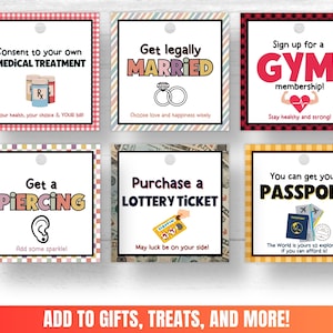 May include: A set of ten colorful gift tags with different designs and text. The tags are printed with a checkered pattern and have a hole at the top for string or ribbon. The text on the tags includes: "Consent to your own medical treatment", "Get legally married", "Sign up for a gym membership", "Get a piercing", "Purchase a lottery ticket", and "You can get your passport".