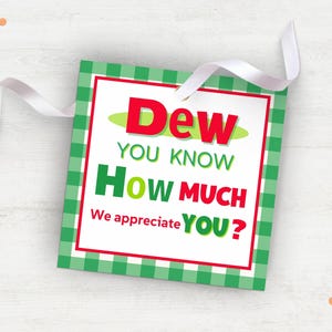 Puede incluir: Etiqueta de regalo a cuadros verdes y blancos con el texto "Dew you know how much we appreciate you?" en letras rojas y verdes.