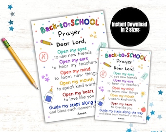 May include: Printable back-to-school prayer card with colorful illustrations of a pencil, a star, a glue bottle, and an A+ grade. The prayer reads "Open my eyes to see new friends, Open my ears to hear my teachers, Open my mind to learn new things, Open my mouth to speak kind words, Open my heart to love like you, Guide my steps along the way and bless each moment of my day. Amen."