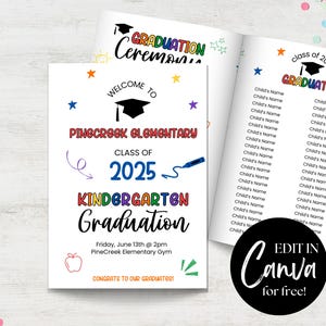 Programa de ceremonia de graduación de kínder editable: plantilla de Canva para programa preescolar y preescolar: presentación de diploma escolar.