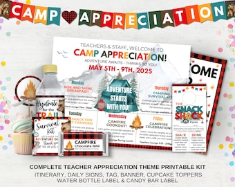 May include: A printable kit for a camp-themed teacher appreciation event. The kit includes a banner, daily signs, tags, cupcake toppers, a water bottle label, and a candy bar label. The kit features a woodland theme with a red and black plaid pattern, a bear, and a campfire.