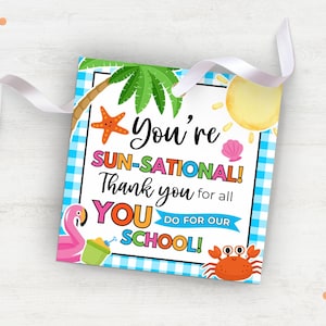 May include: A blue and white gingham background with a colorful beach-themed design. The text reads "You're SUN-SATIONAL! Thank you for all YOU DO FOR OUR SCHOOL!"