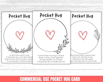 Könnte beinhalten: Drei druckbare Taschenkarten mit einem Herz und einem Blumenmuster. Die Karten zeigen den Text "Pocket Hug" und ein kurzes Gedicht über das Senden einer Umarmung.