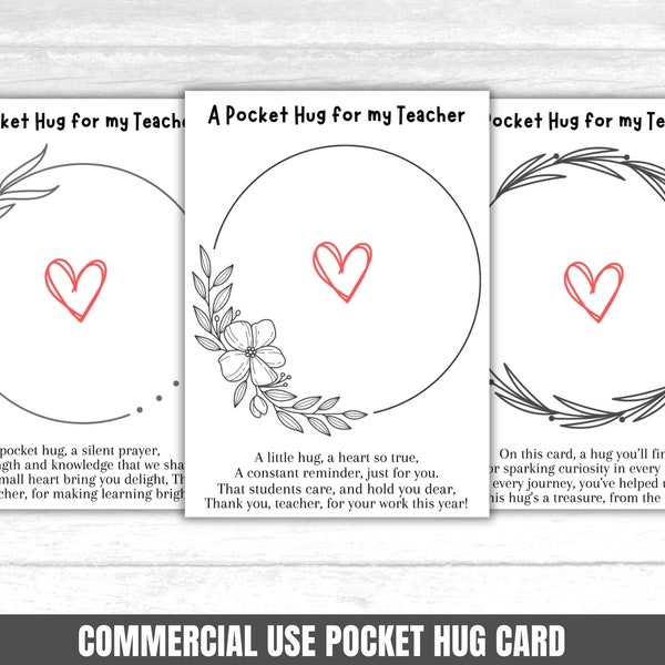 Printable Pocket Hug Card for Teacher Pocket Hugs Card Template Pocket Hug Card Printing Teacher Appreciation Pocket Hug Backing Heart Hug