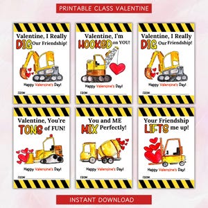 Tarjetas de intercambio de clases de San Valentín para niños con diseño de camión de construcción, imprimibles y descarga instantánea, etiquetas de intercambio de clases de San Valentín para niños