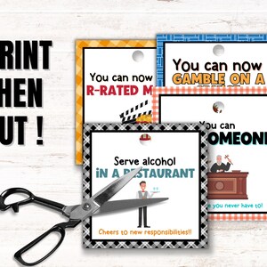 May include: Printable cards with humorous sayings about turning 21. The cards feature a variety of illustrations, including a movie clapperboard, a judge, and a waiter. The text on the cards includes phrases like "You can now gamble on a casino", "You can now R-rated movies", "You can now serve alcohol in a restaurant", and "You can now marry someone".
