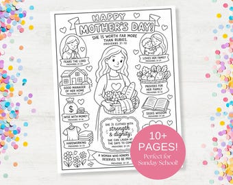 Pagine da colorare per la Festa della Mamma tratte dal capitolo 31 dei Proverbi, ideali per la scuola domenicale e l'istruzione cristiana a casa, e pagine da colorare con storie bibliche per la chiesa e le lezioni di catechismo.