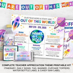 Lehrer Wertschätzung Woche Bundle Thema Ideen bearbeitbar Lehrer Reiseplan Space Theme Kit Wertschätzung Woche PTO PTA Themen Wertschätzung Flyer