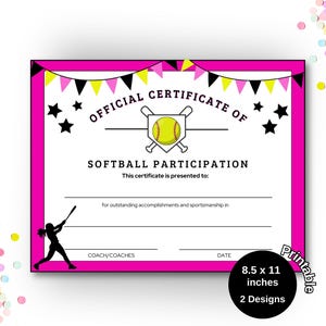 Softball Awards Certificate Printable End of Season Softball Certificate Reward Certificate for Softball Team Award Participation Awards