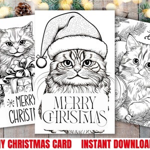 Cartões de Natal para colorir, cartões de Natal feitos à mão, páginas para colorir de Natal, cartões para colorir de gatos, cartões de Natal imprimíveis para colorir DIY
