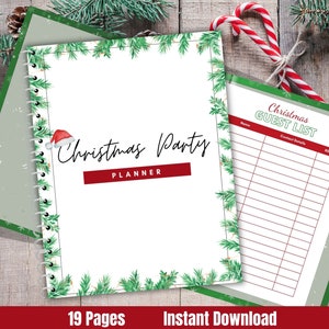 May include: A printable Christmas party planner with a green and white border featuring a festive holly design. The planner includes a guest list, contact details, and RSVP section. The cover features the text "Christmas Party Planner" with a red Santa hat.