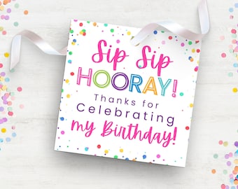 Etichetta regalo di ringraziamento per compleanno Sip Sip Hooray, etichetta stampabile per bomboniera Sip Sip Hooray, etichetta per cannuccia di compleanno Sip Sip Hooray, etichetta per bicchiere Sip Sip Hooray