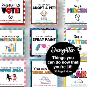 Cadeaulabelset 18e verjaardag 18 dingen die je kunt doen als je 18 bent Cadeaukaartjes Afdrukbare cadeaukaartjes Cadeaukaartje 18e verjaardag voor dochter 18e verjaardag