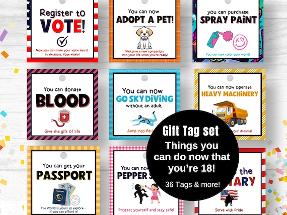 18th Birthday Gift Tag Set 18 Things You Can Do When You're 18 Tags, Turning 18 Things You Can Do Now That You Are 18th Birthday Party Ideas