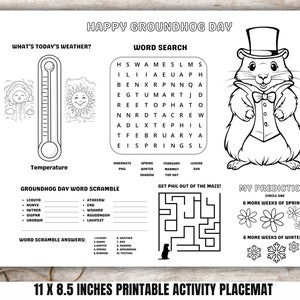 GroundHog Day Activity Placemat Printable, Groundhog Day Activities, Groundhogs Day Party Mat, Groundhog Day Games and Coloring Sheet