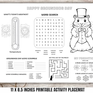 GroundHog Day Activity Placemat Printable, Groundhog Day Activities, Groundhogs Day Party Mat, Groundhog Day Games and Coloring Sheet