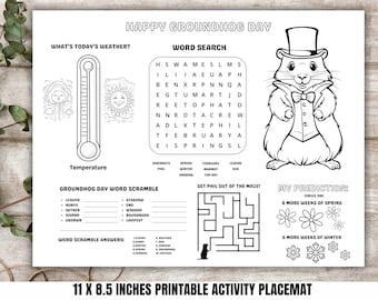 GroundHog Day Activity Placemat Printable, Groundhog Day Activities, Groundhogs Day Party Mat, Groundhog Day Games and Coloring Sheet