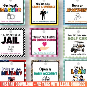 May include: A set of 42 printable tags with humorous sayings about life events, such as getting married, starting a business, renting an apartment, going to jail, becoming an organ donor, renting a golf cart, enlisting in the military, opening a bank account, and getting a loan. The tags are designed with a checkered pattern and feature black and white illustrations.