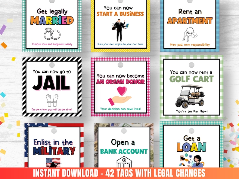 May include: A set of 42 printable tags with humorous sayings about life events, such as getting married, starting a business, renting an apartment, going to jail, becoming an organ donor, renting a golf cart, enlisting in the military, opening a bank account, and getting a loan. The tags are designed with a checkered pattern and feature black and white illustrations.