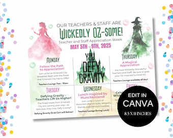 Wicked Teacher Appreciation Week Theme Ideas Editable Teacher Itinerary Defy Gravity Theme Kit Appreciation Week PTO PTA Theme Wicked Flyer