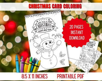 May include: A printable Christmas card coloring book with a snowman illustration and the text "We wish you a Merry Christmas & Happy New Year." The book is 8.5 x 11 inches and includes 20 pages.