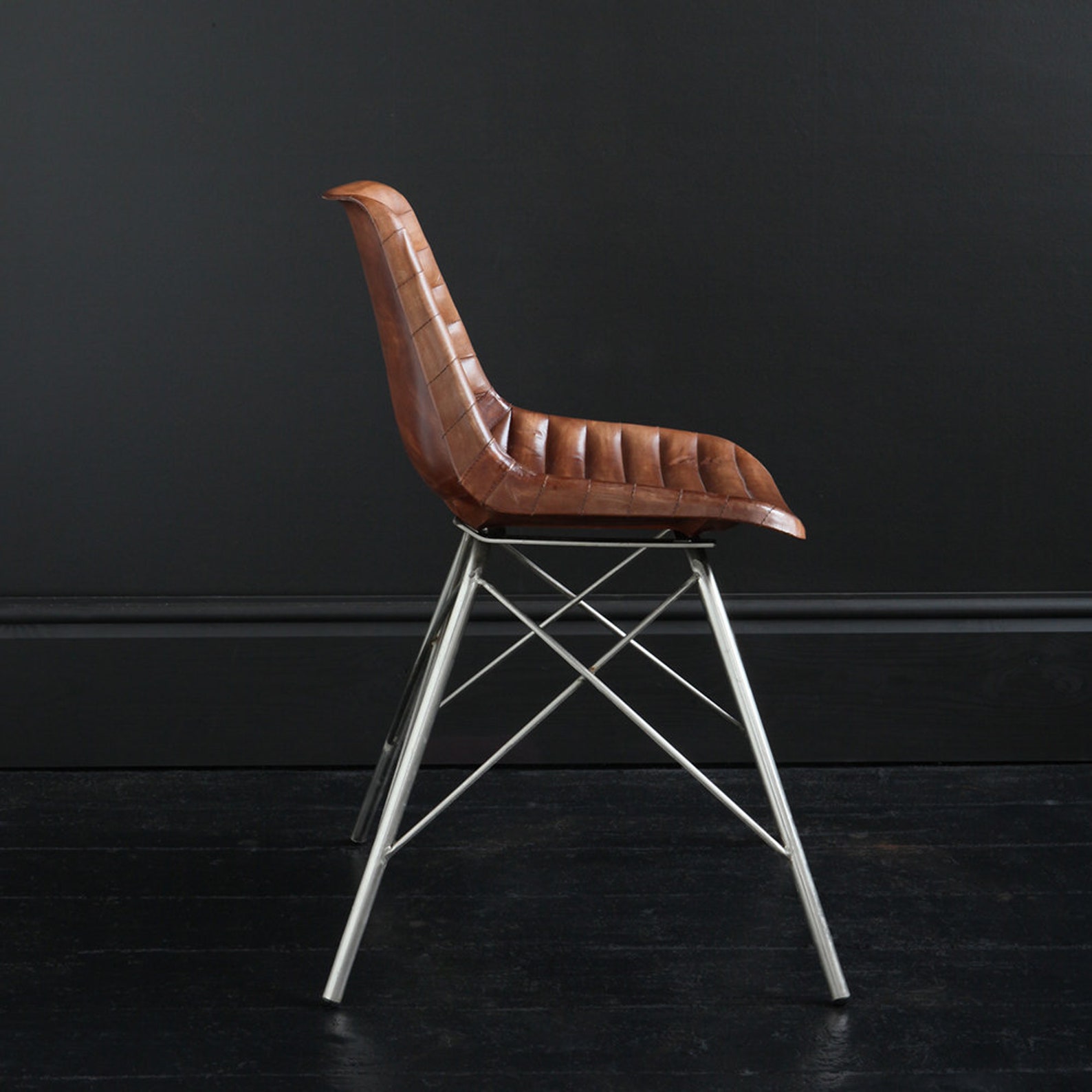 Cross Leg Dining Chair Brown Ribbed Leather Seat & Nickel Etsy