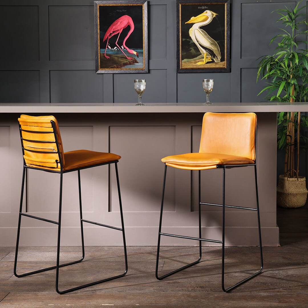 Jordie Bar Stool Tan Real Leather Seat Counter Height Black Etsy UK