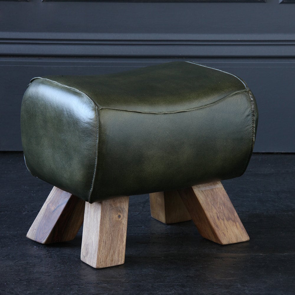 Low Stool Green Leather Home Living Room Footstool Wooden Leg POMMEL Horse 
